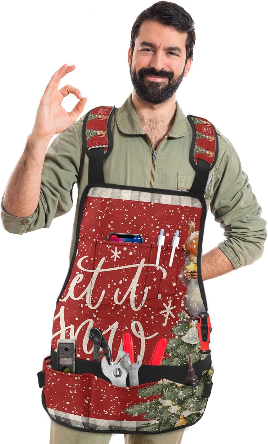 Work Apron for Men Adjustable Woodworking Apron Oxford Apron Marrry Christmas Squirrel Snowflakes Xmas Tree Red Tool Apron