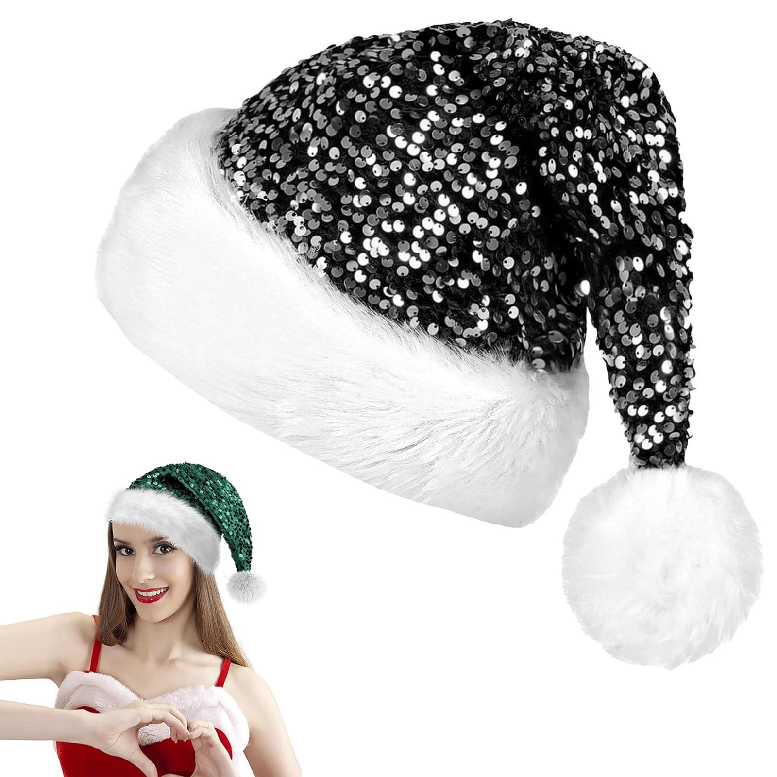 Black Sequined Santa Hat Shiny Christmas Hat, Unisex Soft Plush Deluxe Xmas Santa Claus Hat, Velvet Comfy Santa hat for Santa Claus Fancy Dress, Christmas New Year Party, Xmas Tree Decorations Adults