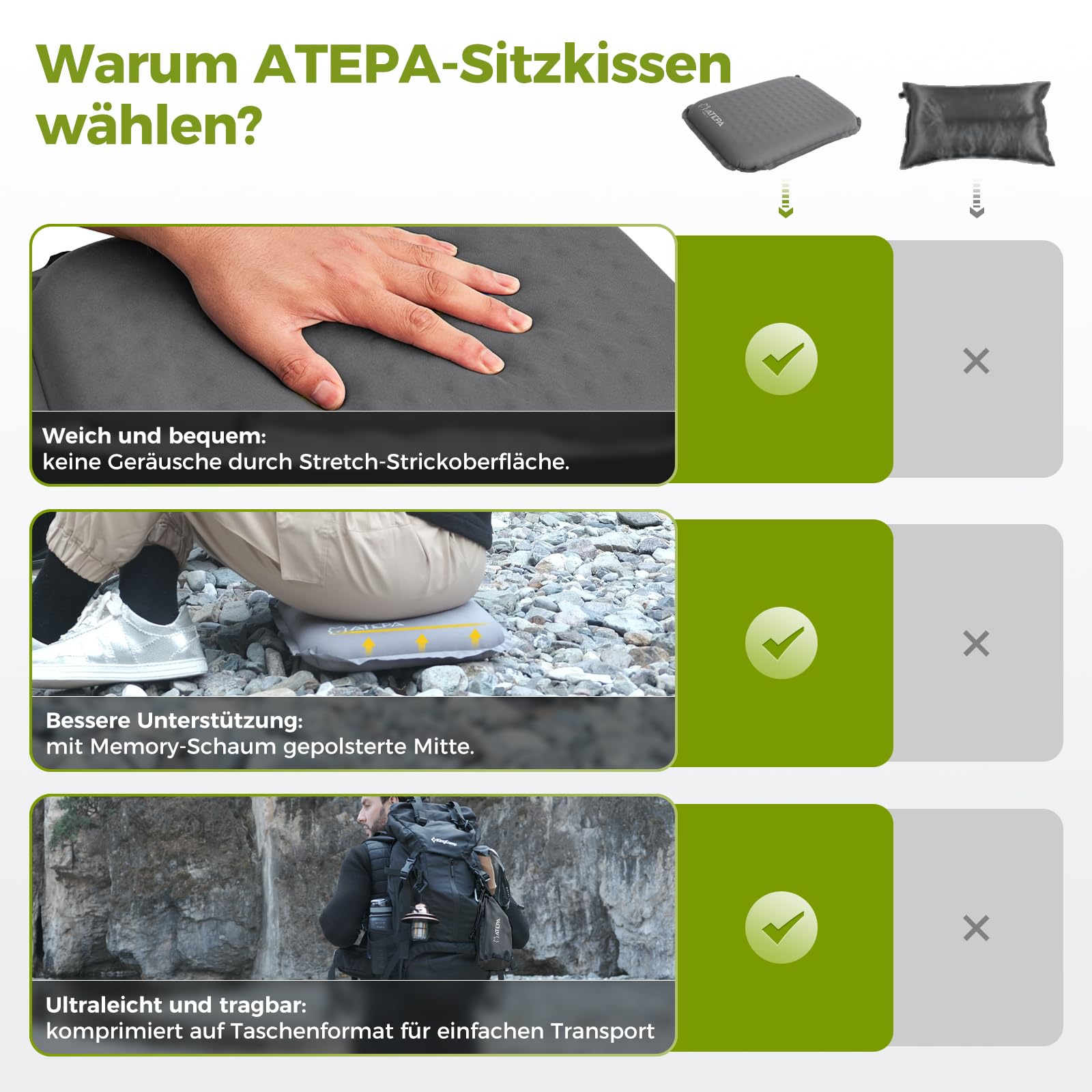 ATEPA Sitzkissen Outdoor, Faltbar Aufblasbar Stadion Flugzeug Camping Wander Bürostuhl Ultraleicht Selbstaufblasend, Grau