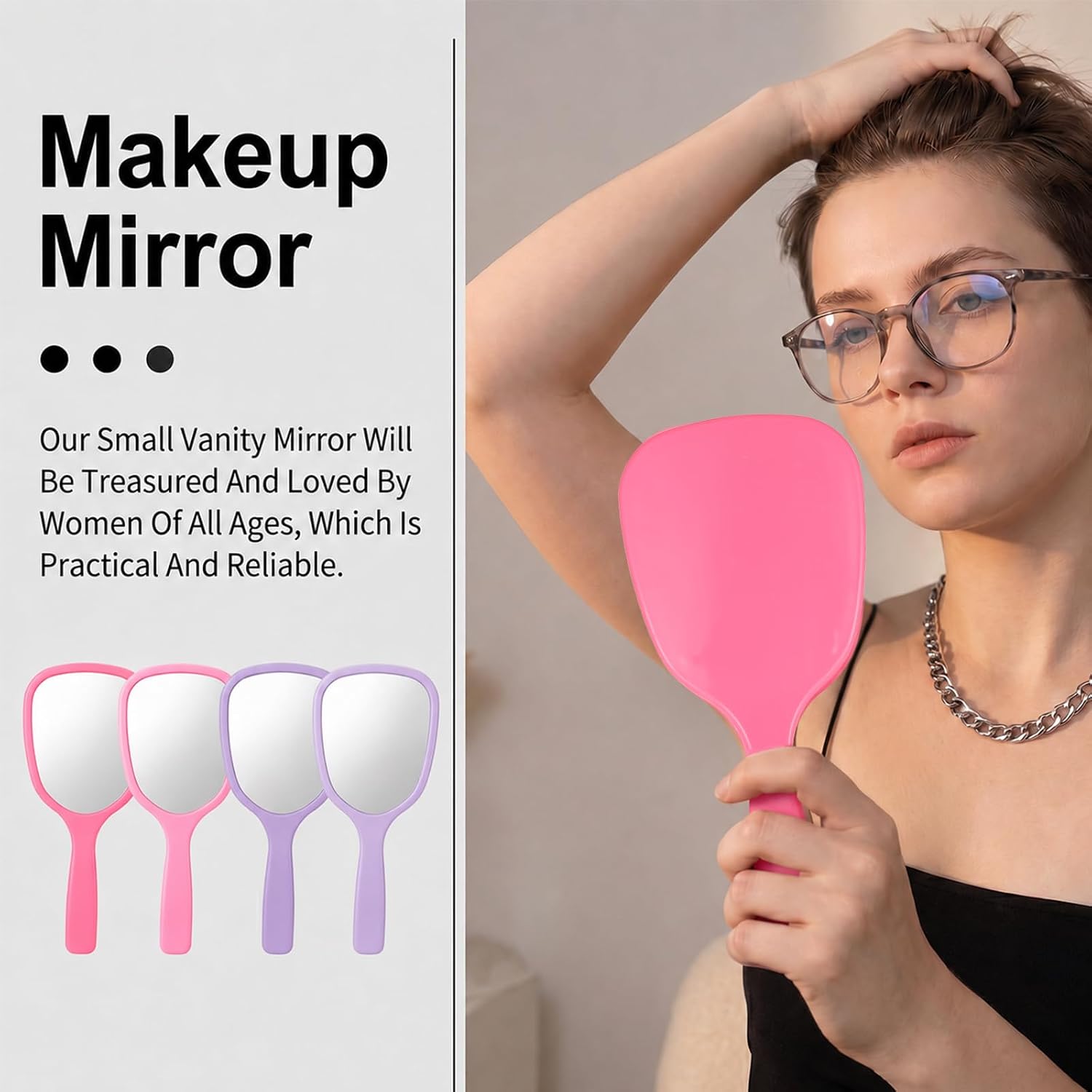 2 Pcs Small Handheld Mirror with Handle for Men 7" x 3" Lightweight Hand Mirrors for Gift Single Sided Portable Travel Vanity Mirror for Women Makeup Bathroom Travel Barber Salon(Pink,Purple)