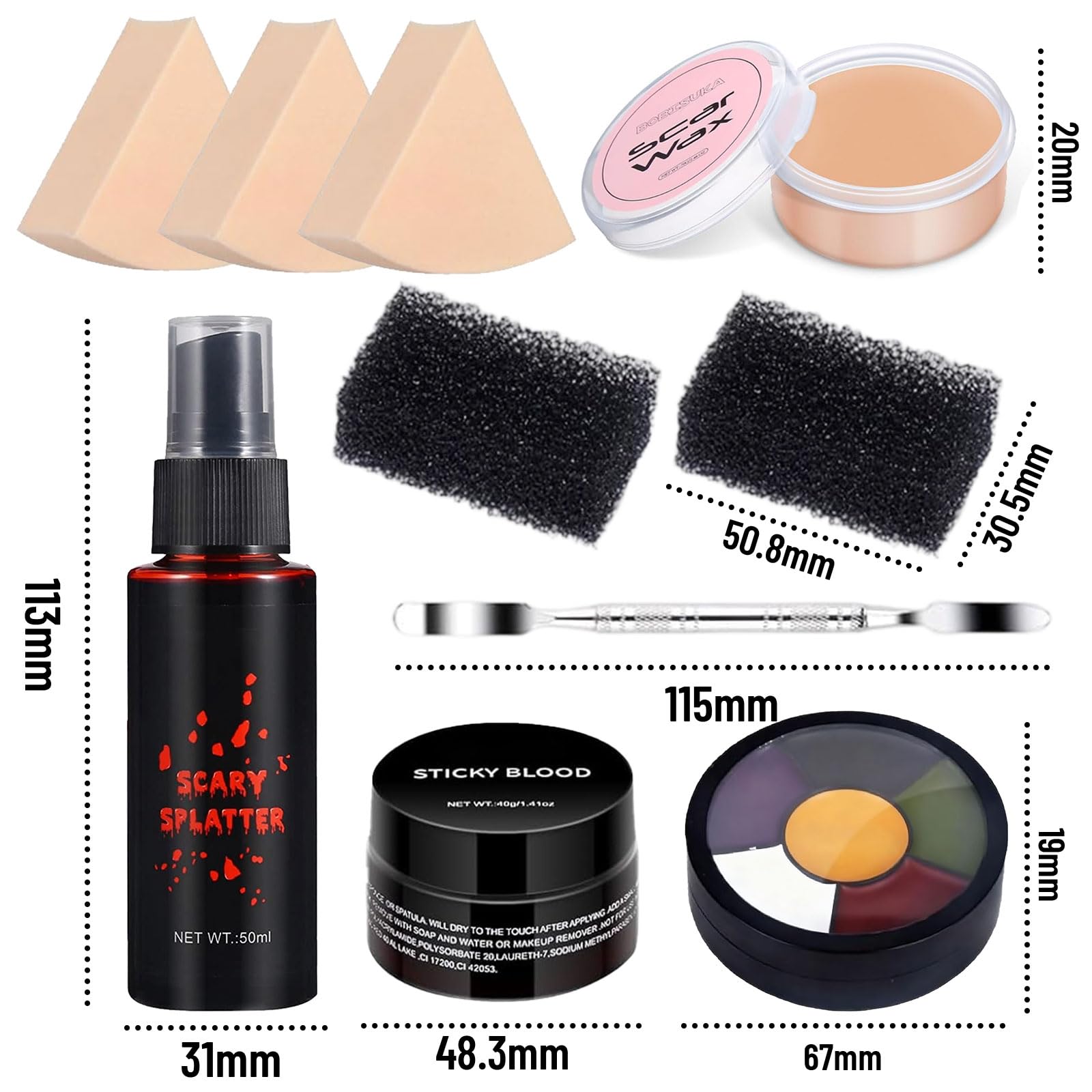 SaiXuan Kit Trucco Halloween Professionale – Sangue Finto, Cera, Palette 8 Colori, 30 Tatuaggi Ferite, Pennelli E Spugne - 5