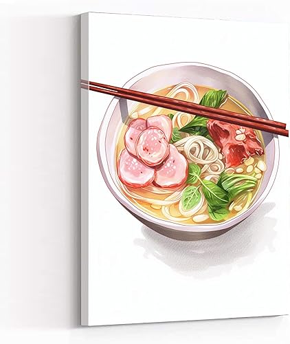 cuadros de pared para comedor, decoración para comedor, sopa asiática de fideos, al estilo de pinturas realistas de acuarela, blanco y rosa,