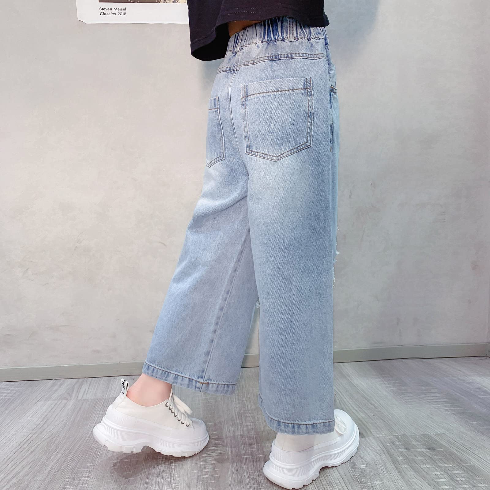 MEILONGER Pantaloni Jeans Baggy per Bambine, Gambe Larghe strappate, con Buchi Strappati, Vita Alta Casual Taglie 8, 10-12, 14-16