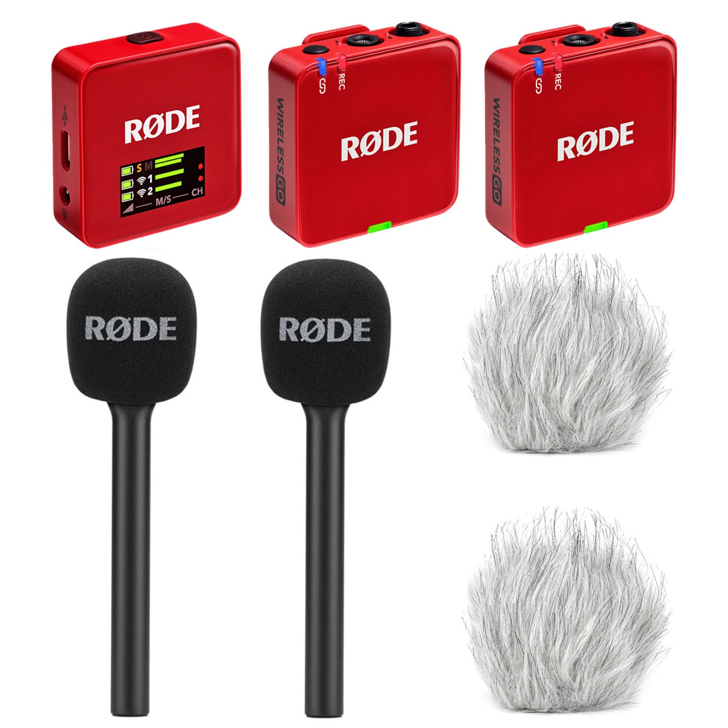 Rode Wireless GO Gen 3 Drahtloses 2-Kanal Mikrofon-Funksystem Rot mit 2X Interview GO Handadapter und 2X keepdrum Fell-Windschutz