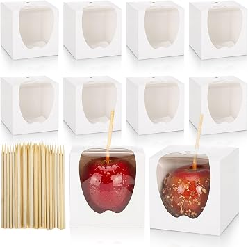 ZEAYEA 50 Pack 4"x 4"x 4" Candy Apple Boxes with Window and Sticks, Food Grade Caramel Apple Gift Boxes with Hole, Carboard Treat Favor Packaging for Halloween, Thanksgiving, Wedding, Party