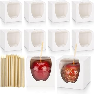 ZEAYEA 50 Pack 4"x 4"x 4" Candy Apple Boxes with Window and Sticks, Food Grade Caramel Apple Gift Boxes with Hole, Carboard Treat Favor Packaging for Halloween, Thanksgiving, Wedding, Party