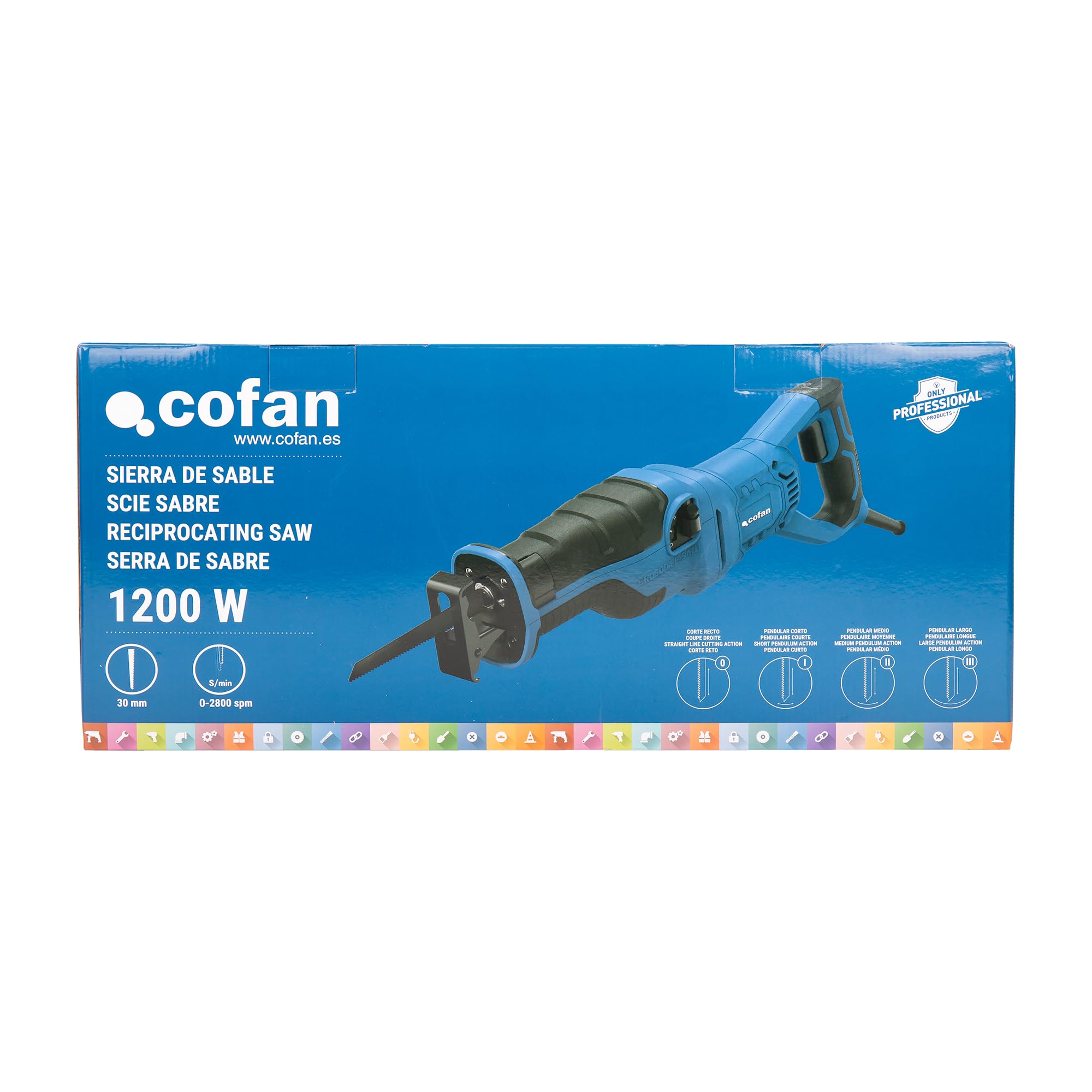 Cofan Sierra de sable con cable 1200 W, velocidad 2800 rpm, 30 mm, corte recto + 3 acciones pendulares, cambio de hoja sin herramientas, velocidad variable, 1 hoja de sierra incluida