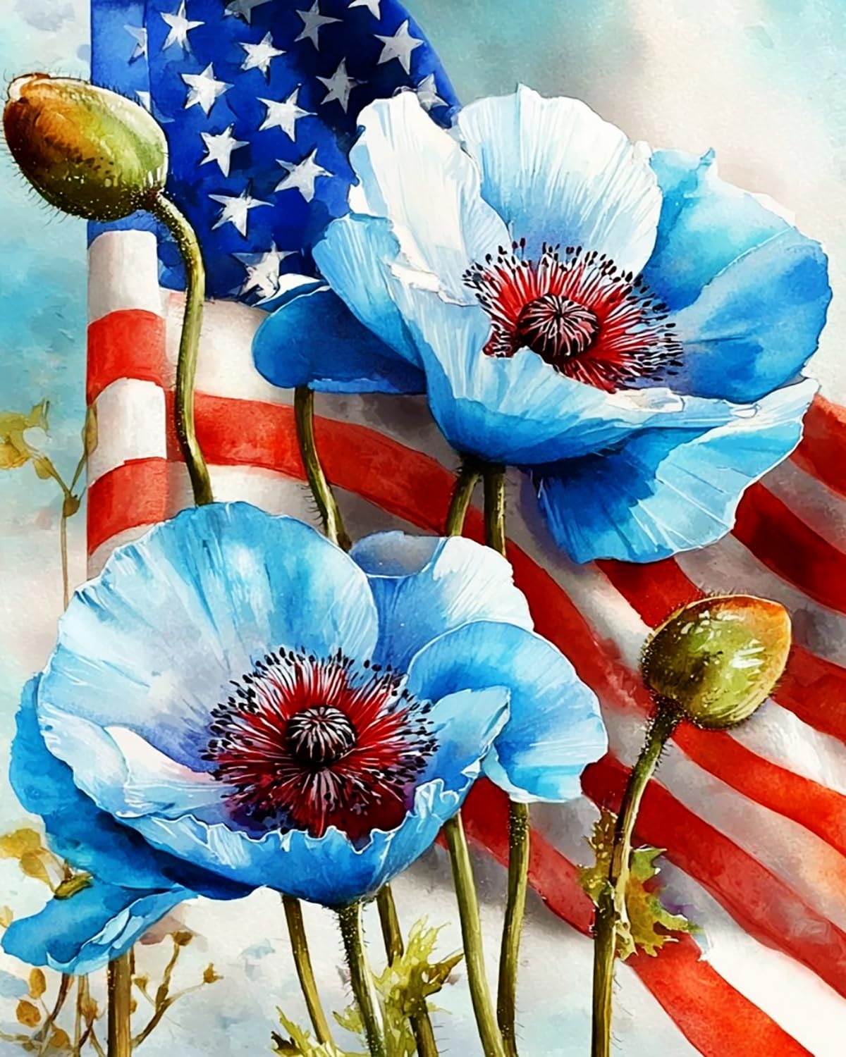 Liubaishi Blue, Red, White Paint By Numbers Kit For Adults, American Flag Blue Poppy, 40X50 Cm, Acrylic On Canvas