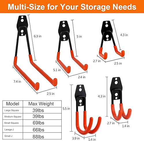 Miniatura 2 de Ganchos de garaje, paquete de 10 ganchos dobles de acero para almacenamiento de garaje, ganchos dobles, resistentes para montaje en pared,