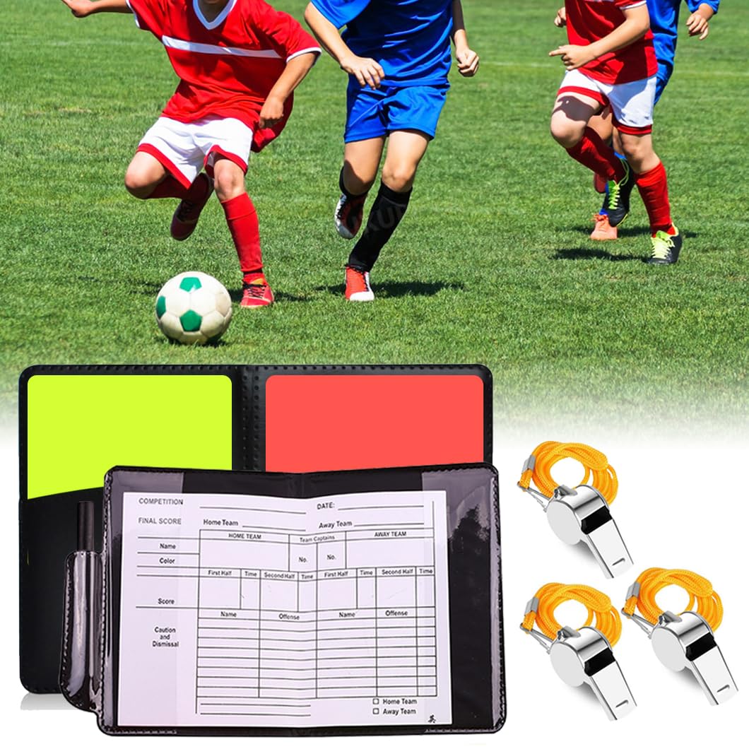 2 Set Juego de Tarjetas de árbitro de Fútbol Juego de Tarjetas de árbitro Deportivo con 3 Silbatos de Metal, PCV Tarjeta Roja Tarjeta Amarilla con bolígrafo y Estuche Libros de Puntuación,