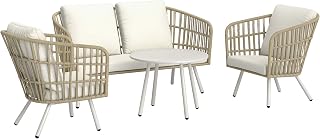 Outsunny Conjunto de Jardín Exterior de Ratán Sintético de 4 Piezas Muebles de Jardín Exterior con Sofá de 2 Plazas 2 Sillones 1 Mesa de Centro de Metal con Cojines Crema y Natural