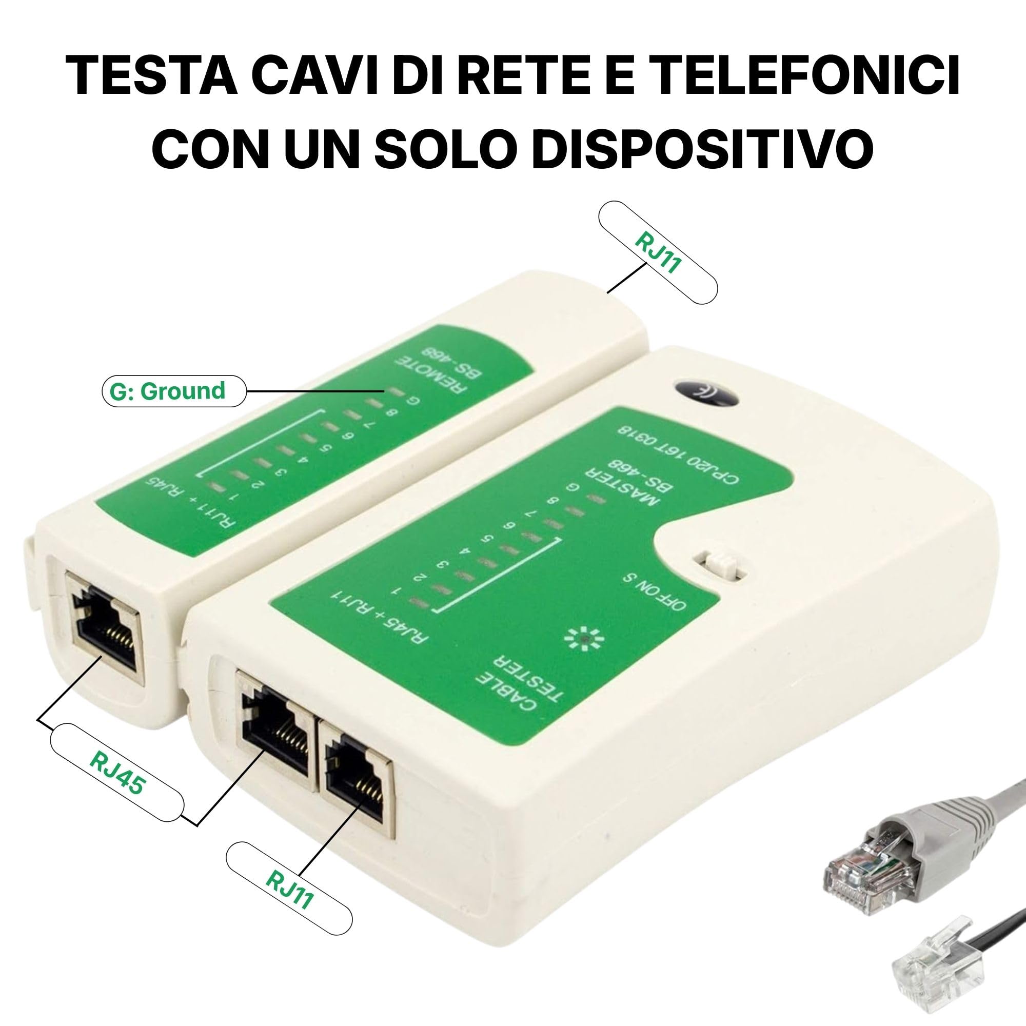 Incutex Tester Cavi di Rete, Ethernet LAN RJ45 RJ11 CAT5 CAT5e CAT6a Linea Tester Professionale, Rilevatore Cavi Wire Tracker, bianco-verde