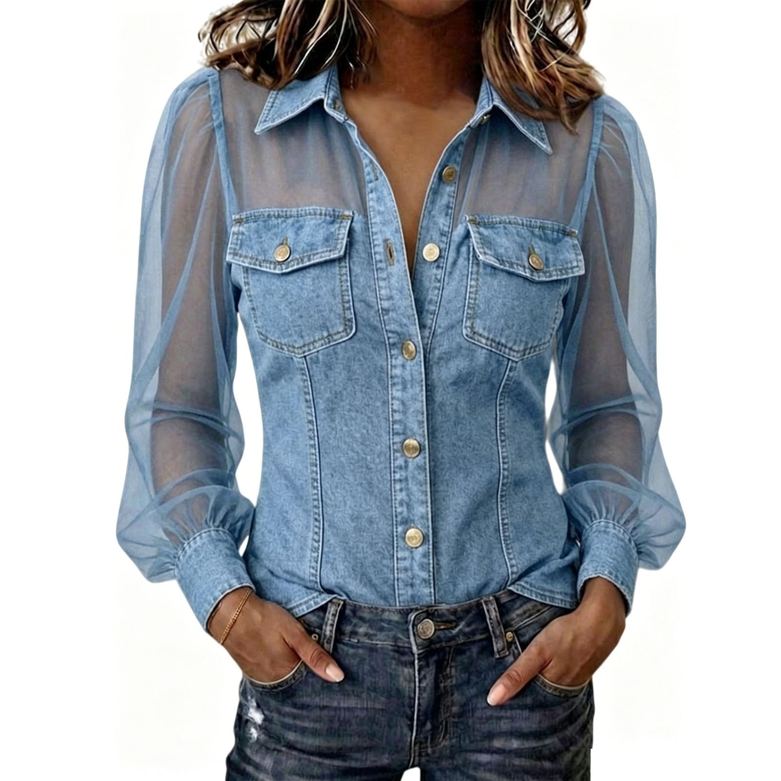 Camicia da Donna a Maniche Lunghe in Denim e Rete Trasparente, Blusa Button-Down con Tasche, vestibilità Slim e Sexy per Feste e Ufficio