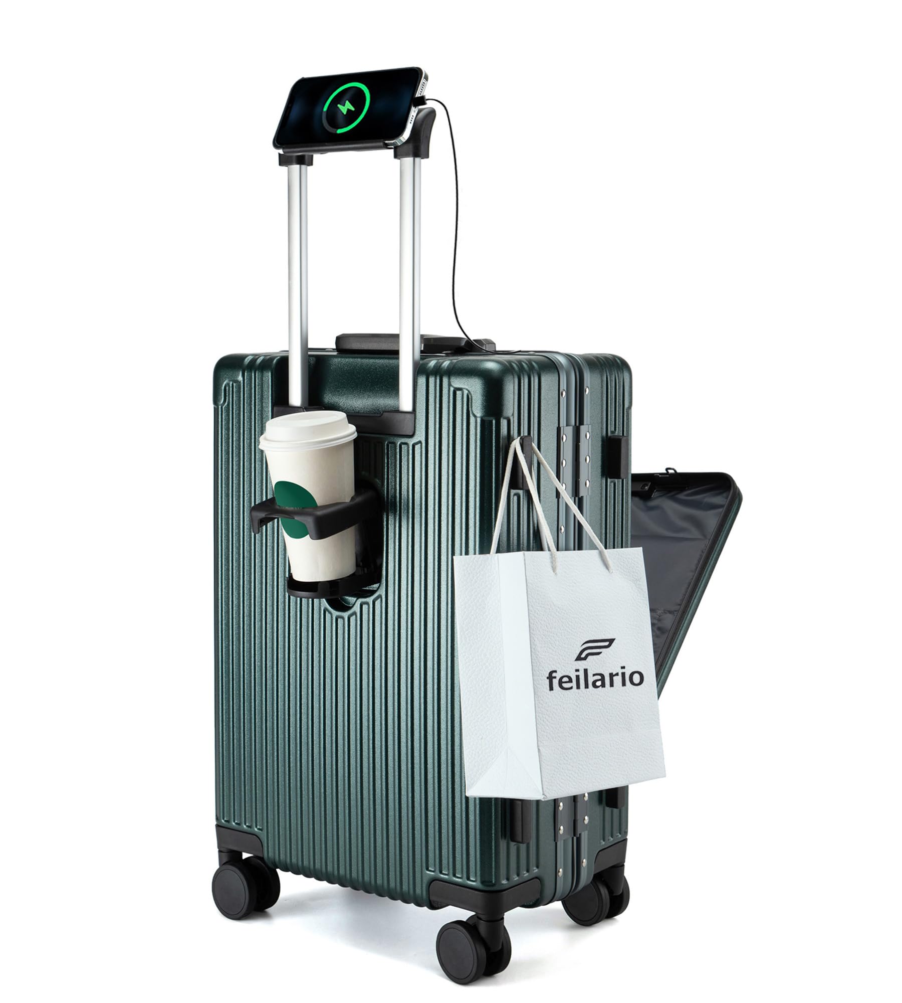 feilario PC Hardside Carry On Luggage, Aluminum Frame, TSA Lock, Cup Holder