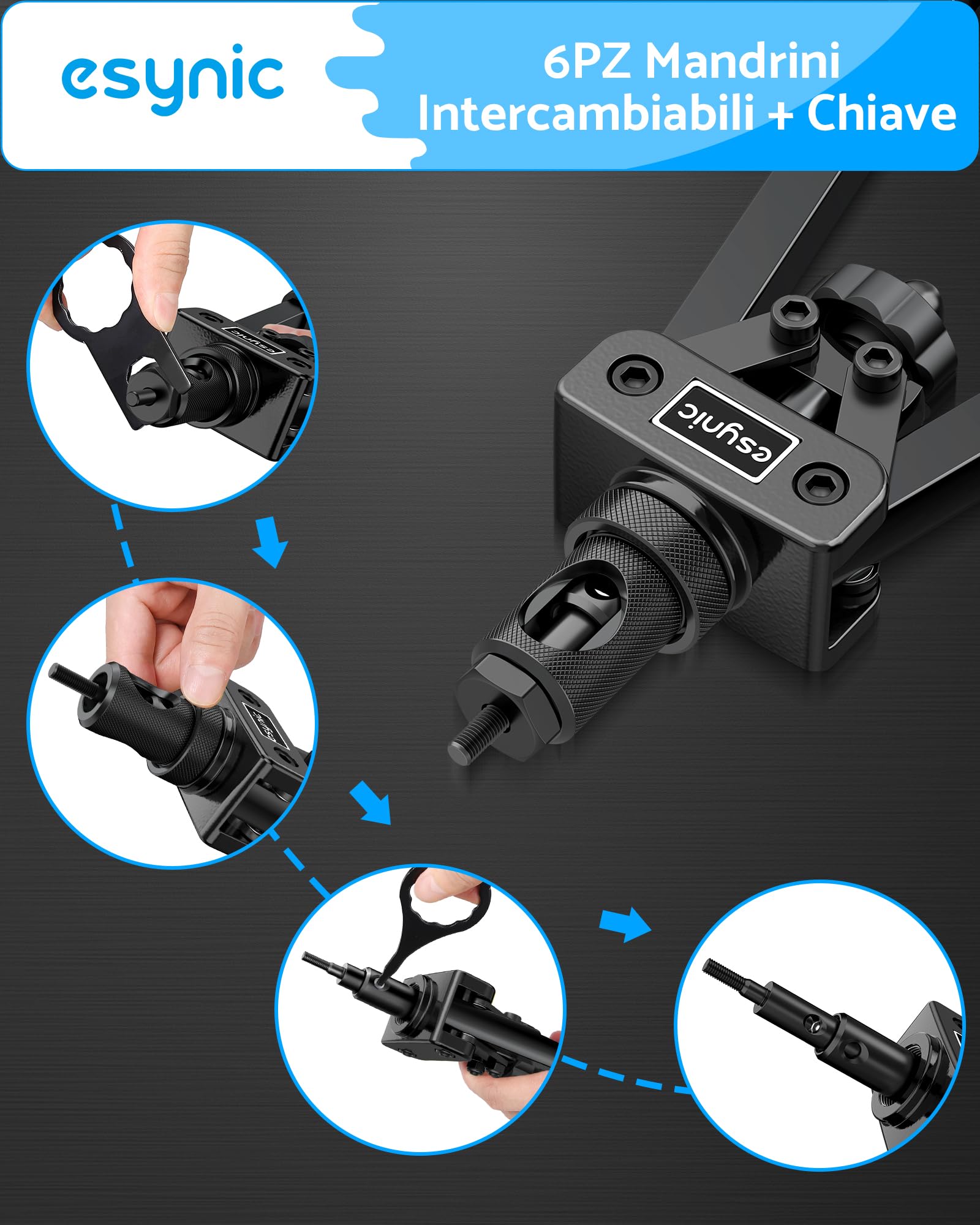eSynic Kit 14'' Rivettatrice Professionale per Impieghi Gravosi con 125 Dadi Rivetti M3 M4 M5 M6 M8 M10, Pinza Pistola Manuale a Rivetti 6 Mandrini con Valigetta per Riparazione Auto Mobili - Nero