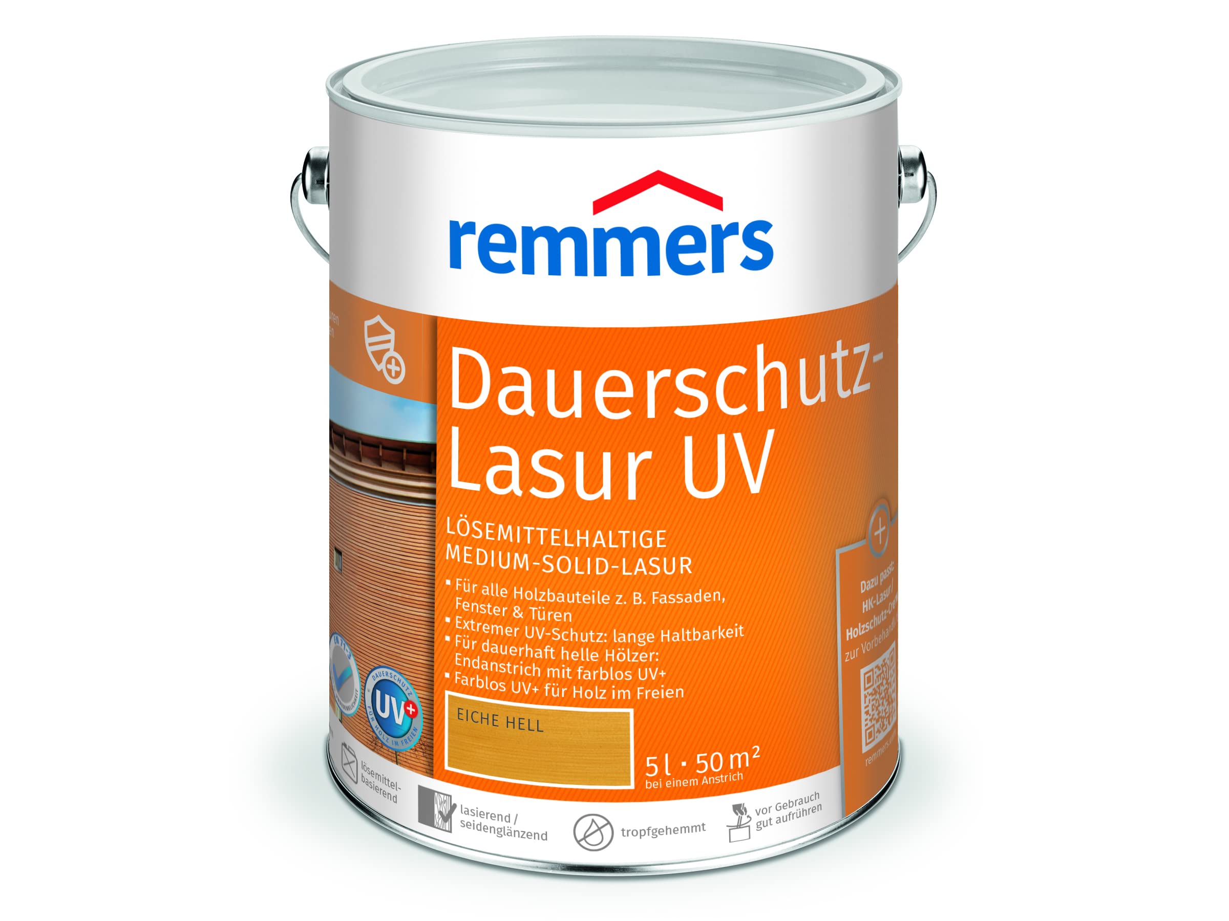 Remmers Dauerschutz-Lasur UV eiche hell, 5 Liter, Dekorative Medium-Solid-Lasur für Außen, auch für helle Farbtöne und farblos UV+, wetterbeständig