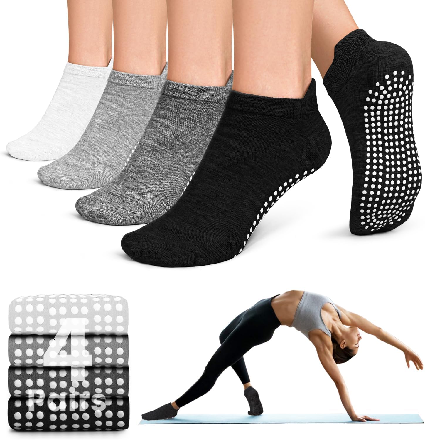 Pilates Socks for Women Non Slip Grip Socks for Yoga, Barre, Hospital, Barefoot Grippy Yoga Sock Womens Gifts 4 Pairs