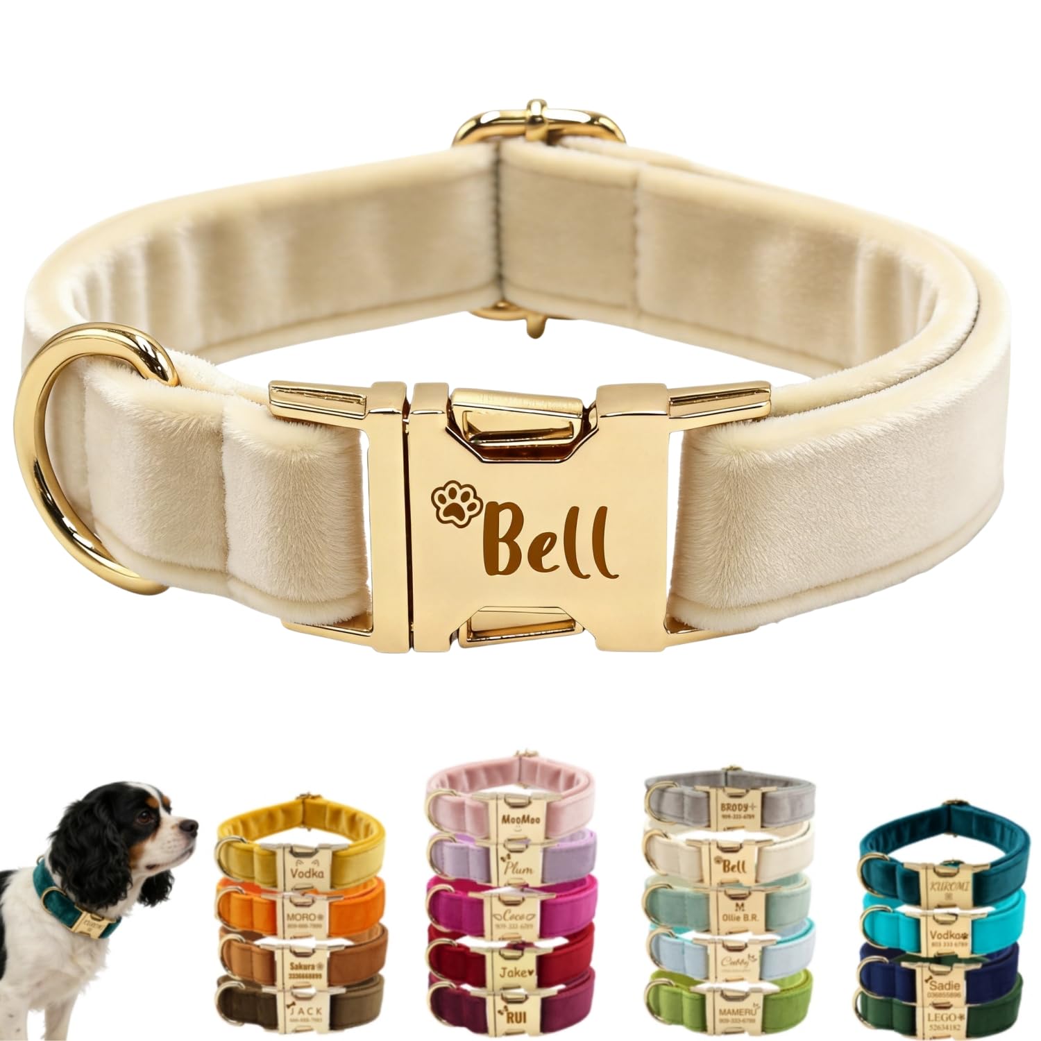 Personalised Velvet Dog Collar with Engraved Name & Phone Number, Luxury Double-Sided Soft Plush Pet Collar for Small Medium Large Dogs & Cats, Adjustable ID Collar with Gold Metal Buckle
