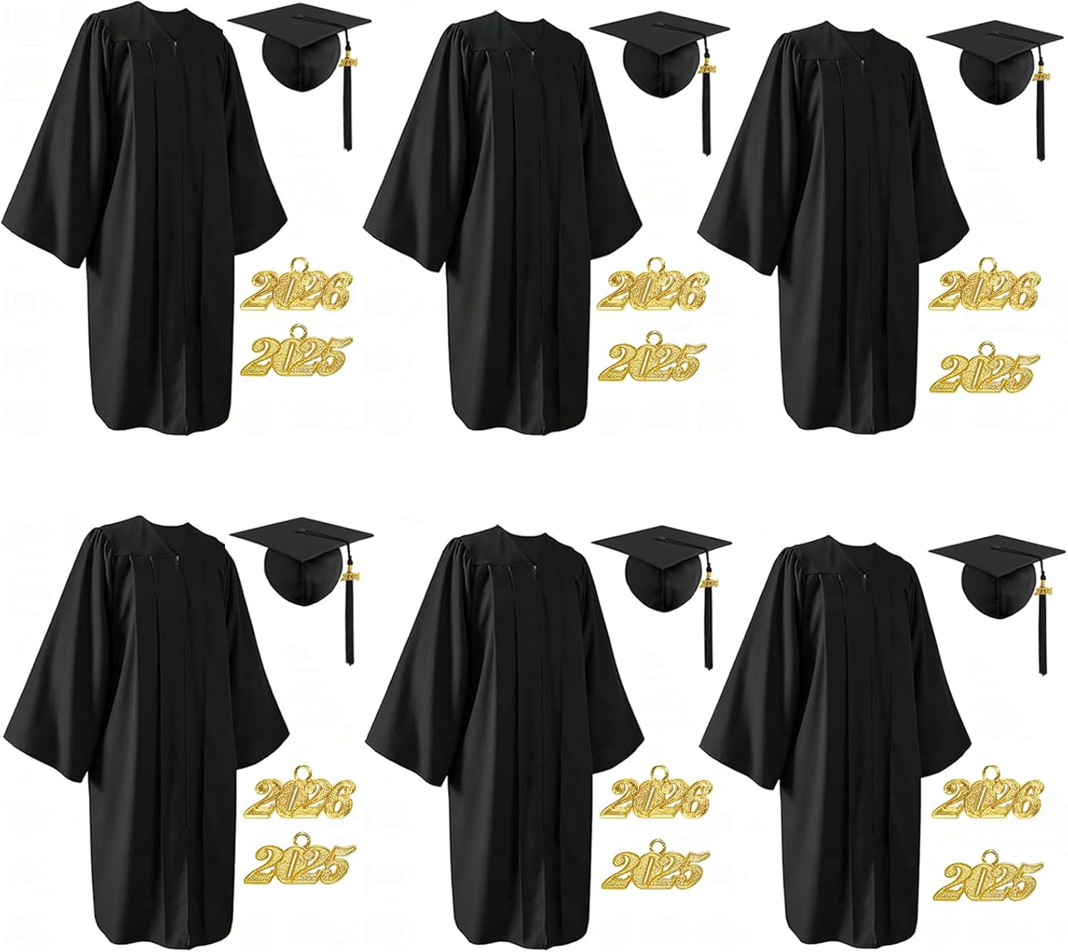 6Pcs Unisex Matte Graduation Cap and Gown 2025 2026 with Tassel for High School and College Graduation
