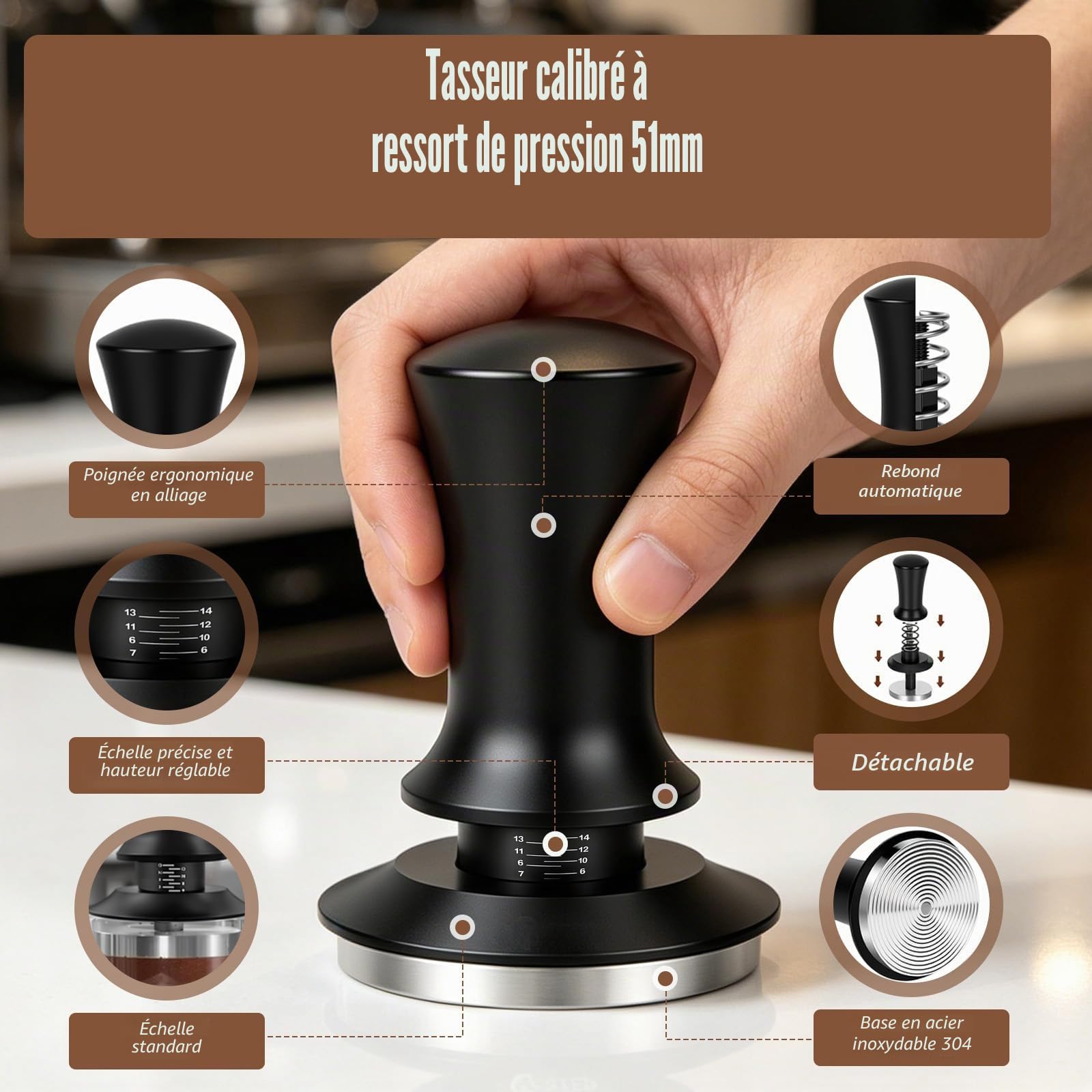 Set d’Accessoires Espresso 8 Pièces, Compatible avec Espresso Machines | Pilon 51 mm avec Station de Pilonnage, Niveleur, Outil WDT, Anneau de Dosage, Brosse de Nettoyage, Filtre à Café, Agitateur
