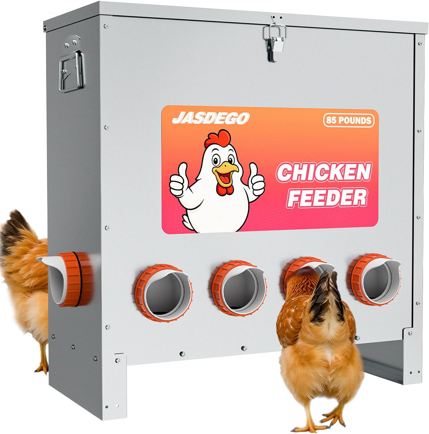 Metal Chicken Feeder No Waste 10 Ports Automatic Poultry Feeder Large Capacity 85 Pounds with Latch & Handle for Chickens Bantams Pheasants Poultry Coop Weatherproof