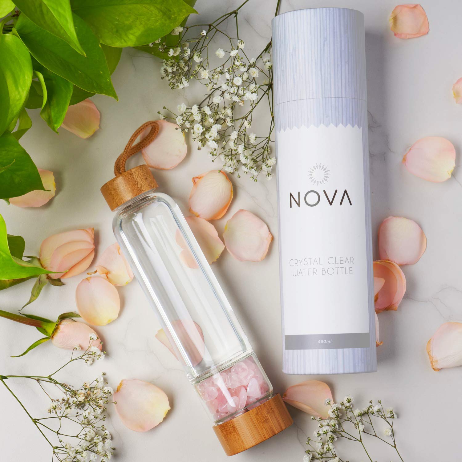 Botellas de agua con infusión de cristal de bambú de 15 onzas | Regalos únicos para mujeres | Botellas de agua con cristales en el interior | + funda protectora + cristales extraíbles