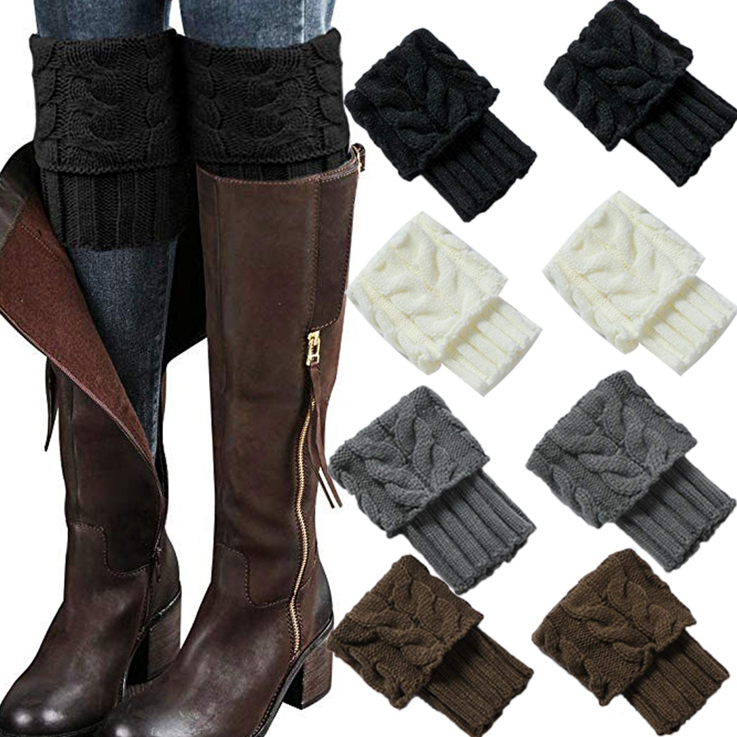 Women Faux Fur trim Boot Cuffs Socks Crochet Knitting Short Leg Warmers 4 Pack