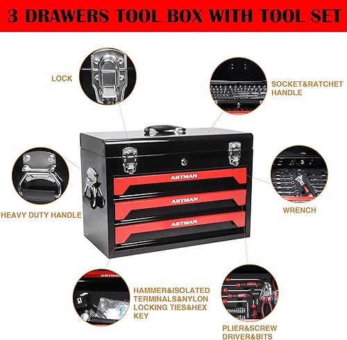 Miniatura 3 de Juego de 339 piezas de herramientas de metal resistente, caja de herramientas con asa, 3 cajones y almacenamiento superior, caja de herramientas con
