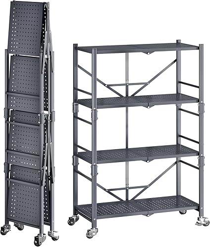 Estantes de almacenamiento, estantería de garaje resistente, estante de almacenamiento plegable de 4 niveles con ruedas