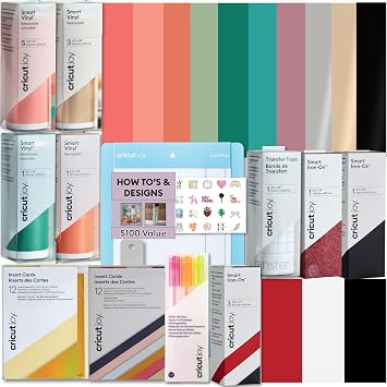 حزمة مواد وإكسسوارات Cricut Ultimate All-in-One - 55+ Piece Beginner Sampler Material Kit for Cricut Joy Cuting Machines - Vinyl Rolls، HTV، Card Making Packs، Pens، Tools & Cutting Mats