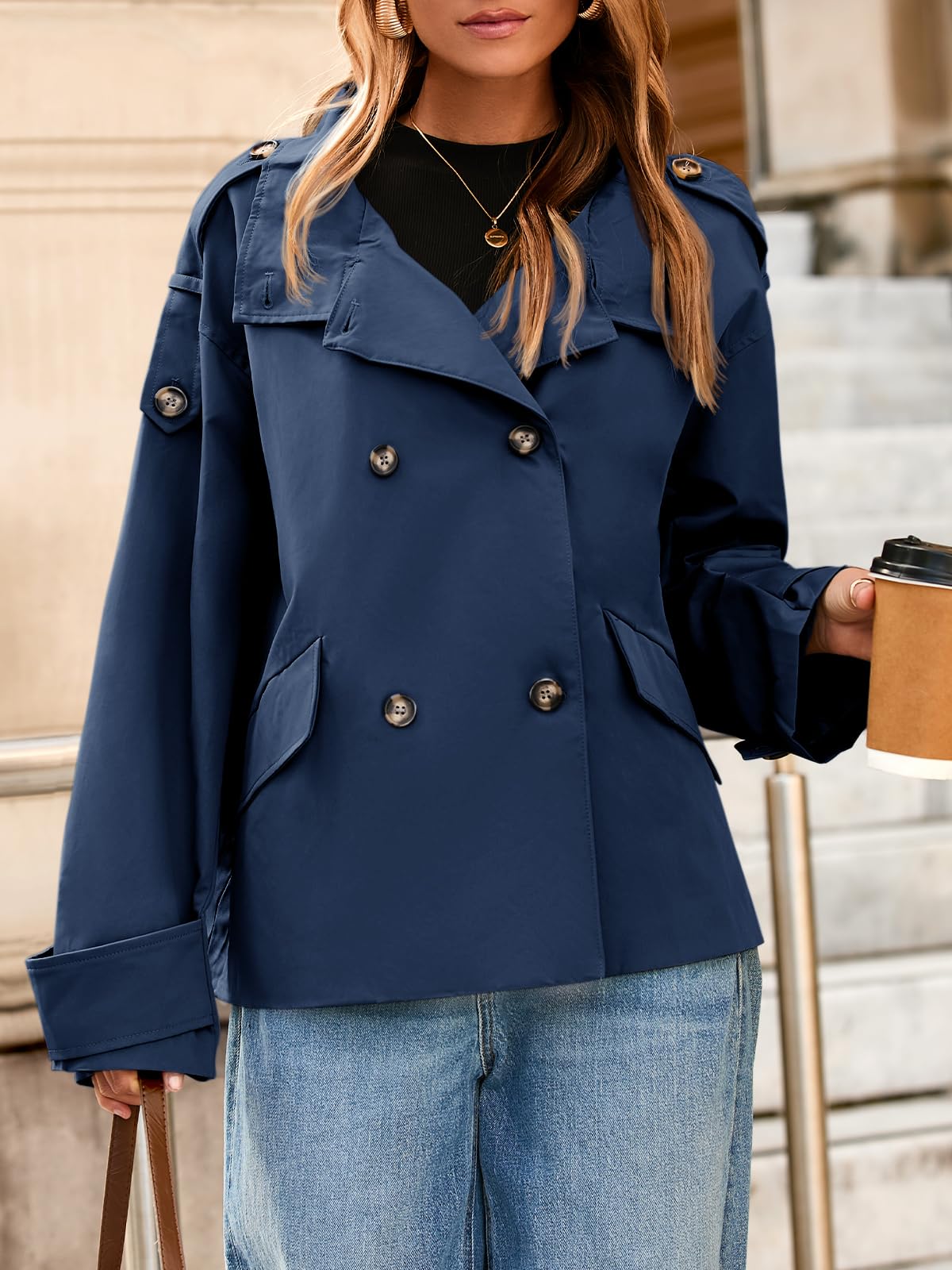 Tankaneo Trench corto da donna, oversize, doppiopetto, colletto alla coreana, giacca corta autunnale casual da lavoro