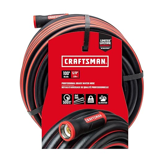 Craftsman Heavy Duty Professional Grade Black Garden Hose, 100 Feet x 5/8 Inch