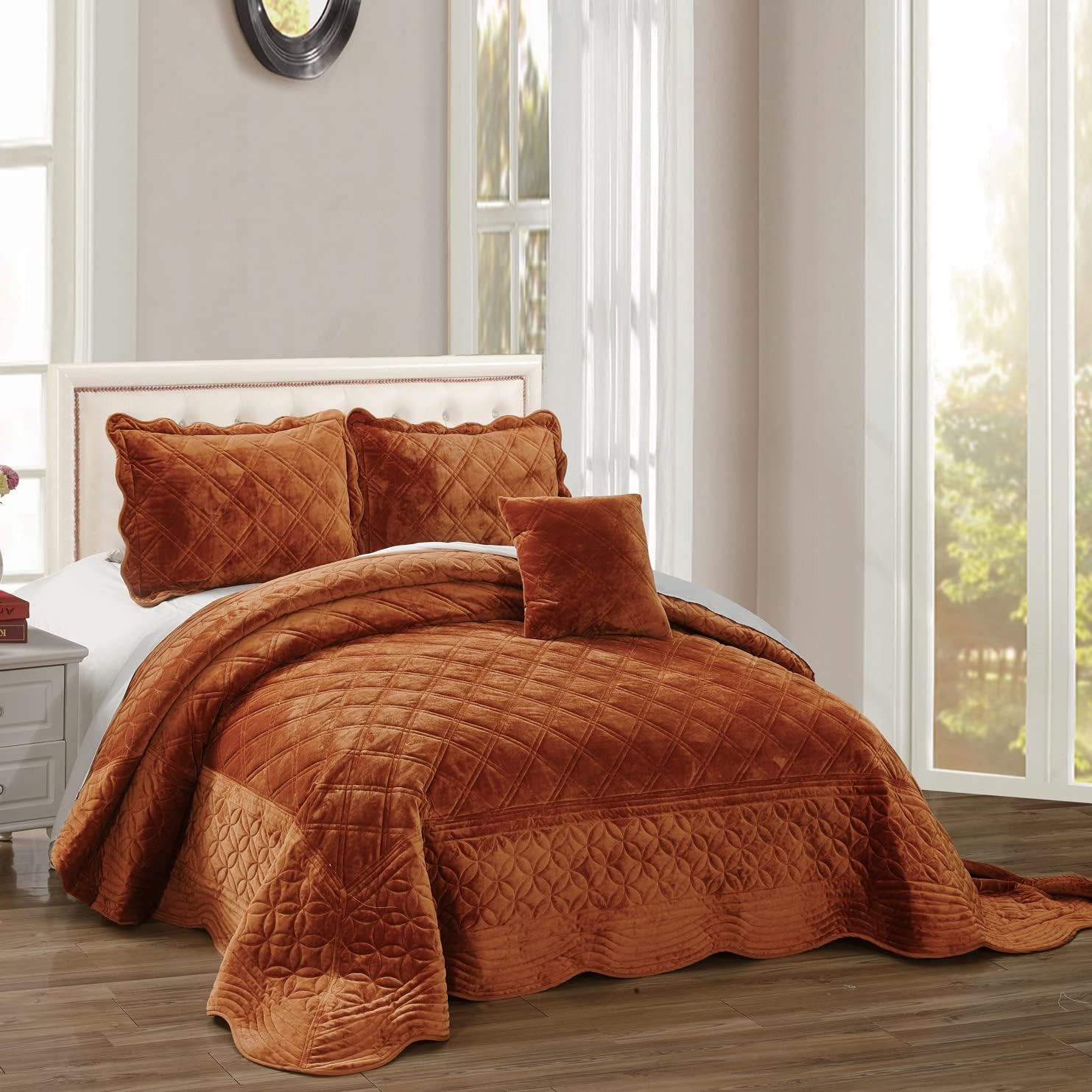Home Soft Things Super Soft Microplush 4 Piece Bedspread Set Oversize Queen 110" x 120", Chocolate Diamond Plaid Scallop Edged Warm Cozy Plush Quilt Comforter Bedding Set with 2 Shams 1 Pillow