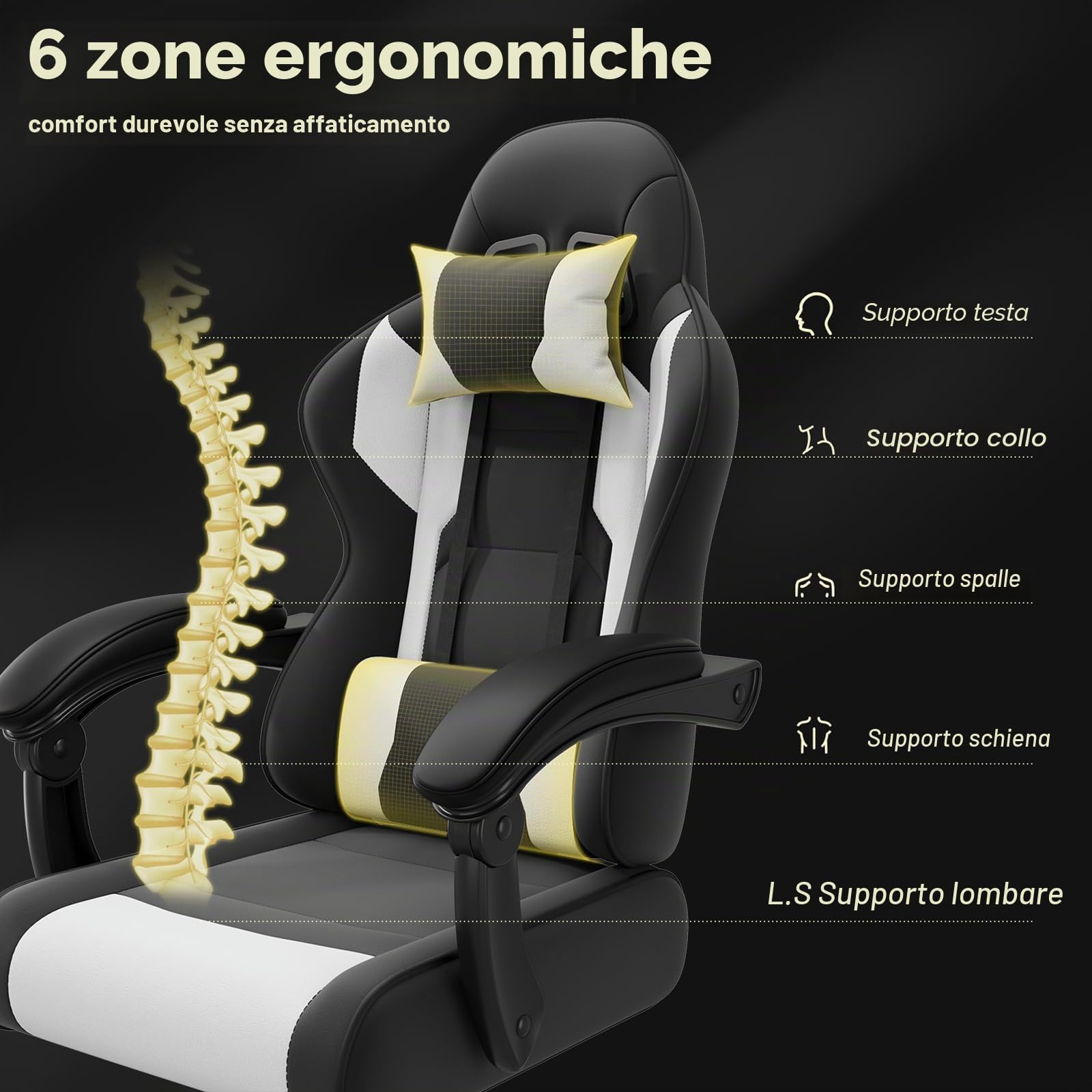 JUMMICO Sedia da Gaming Massaggiante, Cuscino Lombare & Poggiatesta, Ergonomica Sedia da Ufficio, Schienale Regolabile 90-135°, Portata 150 kg (bianco e nero)