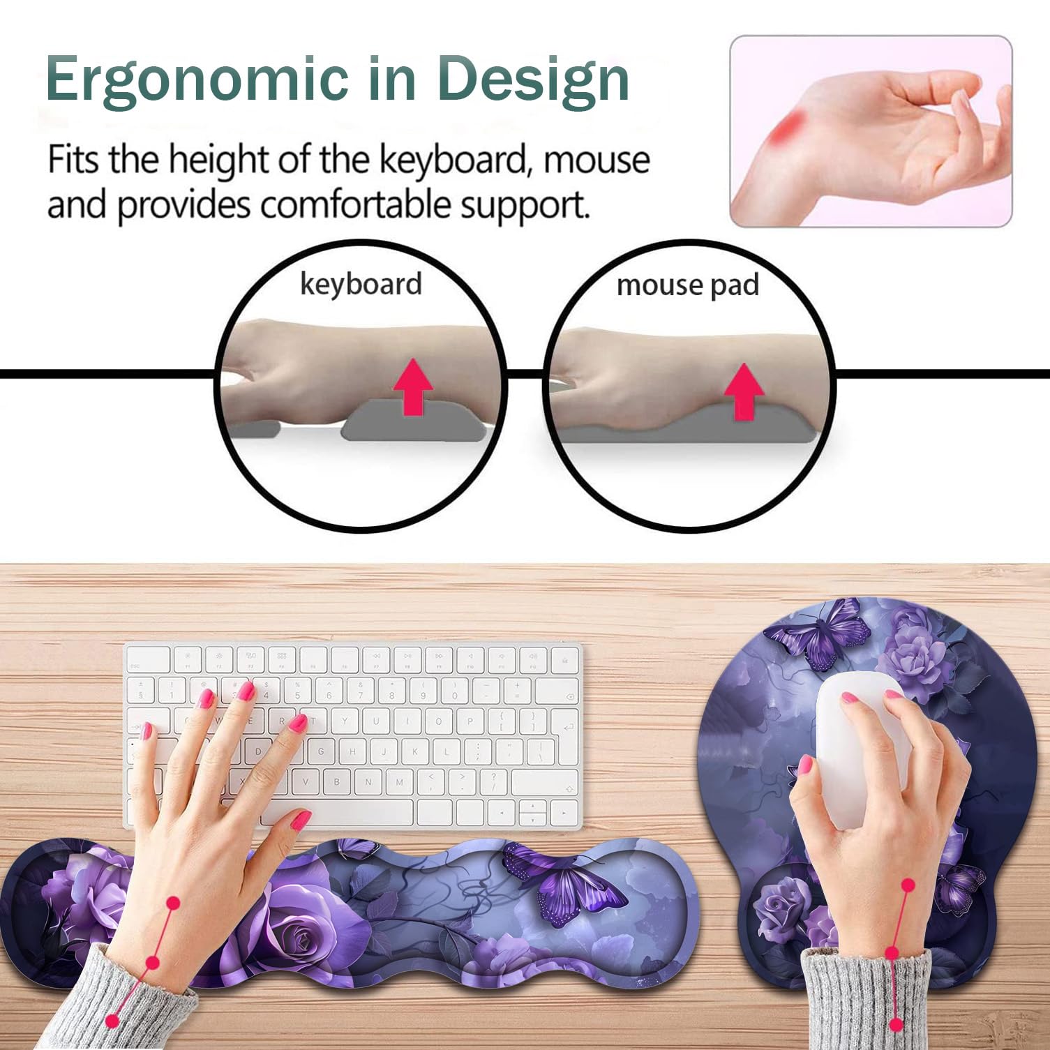 Keyboard Wrist Support + Wrist Mousepad + Coaster Combination, Non-Slip PU Base, with Gel Memory Mousepad, Suitable for Gaming, Office Pain Relief Mousepad Set - Purple Rose