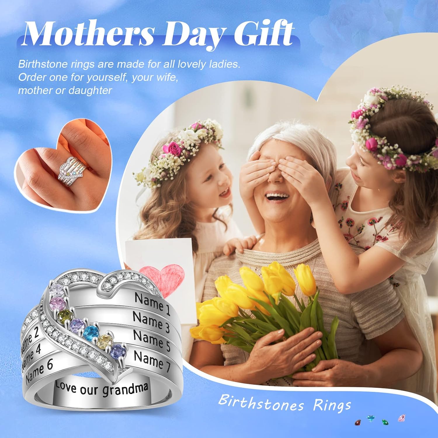 Personalized Mothers Rings Birthstones Rings for Women with 1-8 Names Sterling Silver Promise Ring for Her Gifts for Mom Wife Grandma Nana Birthday Anniversary Christmas