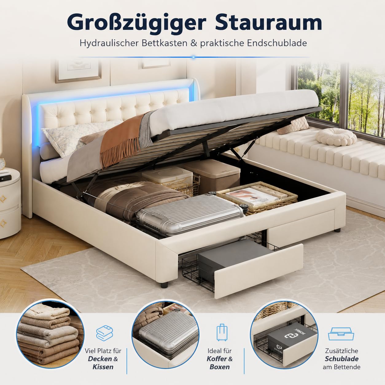 PerGar Letto imbottito 180 x 200 cm, letto matrimoniale a LED con vano portaoggetti e 2 cassetti, letto idraulico, letto funzionale, letto con vano portaoggetti, letto per ragazzi in velluto, senza