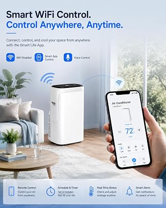 Coolblus Inverter Air Conditioners 15000BTU, 4 in 1 Portable AC Unit with Heat/Dehumidify, Wi-Fi Smart AC Cool Up to 700 Sq.Ft, Window Kit, Contains Replacement Power Cords, White-15000BTU-WIFI-HEAT