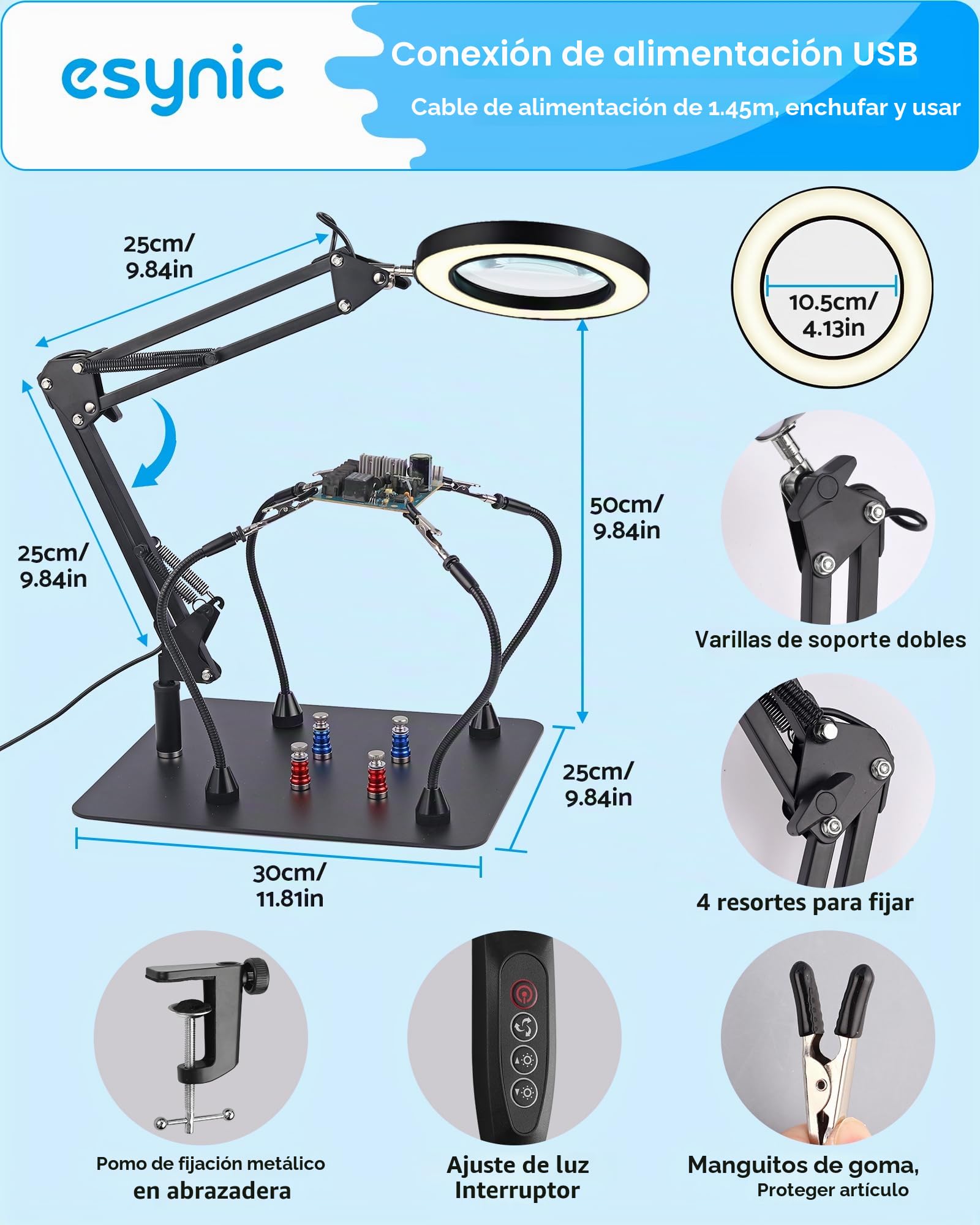 eSynic Lupa de Escritorio 8X con 72 Luces LED 2 en 1 Lámpara de Aumento con 10 Brillos Ajustables y 3 Colores, Rotación de 360°con 4 Fuertes Columnas Magnéticas y 4 Pinzas para Manualidades