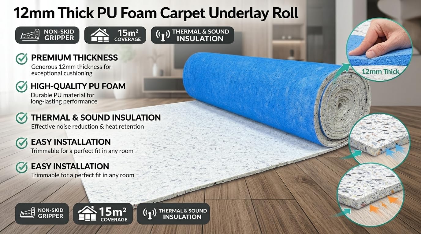 Sottotappeto in schiuma PU spessore 12 mm Lusso Morbido, resistente alle macchie Eccellente isolamento termico e acustico Ecologico Ideale per camere da letto e soggiorni 5m2