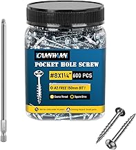 600Pcs #8 x 1-1/4 Inch Pocket Hole Screws, Interior Pocket Screw, Zinc Coated, Coarse Thread, Square Drive Washer Head, 150MM Drive Bit Included.