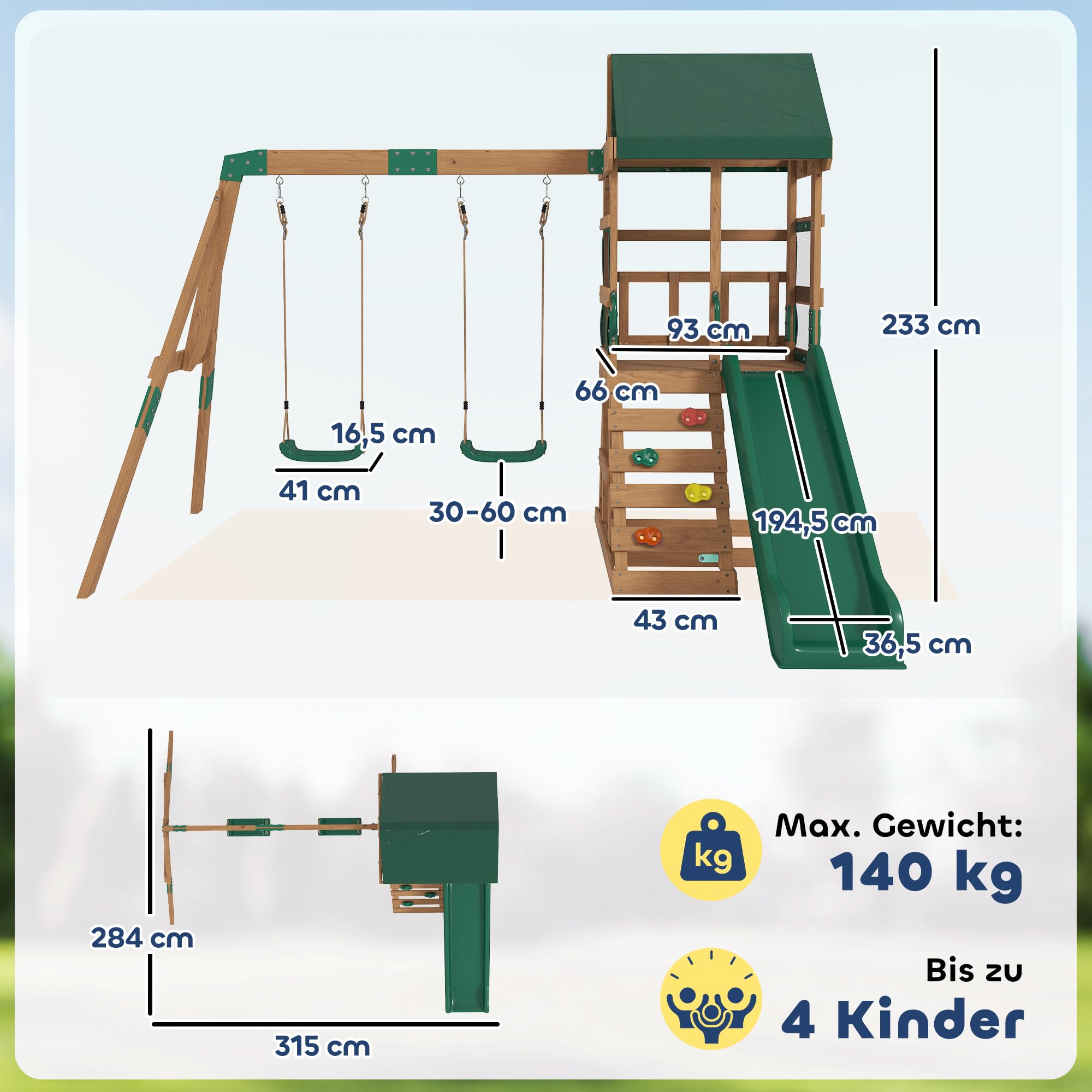 AIYAPLAY Wieża zabaw z huśtawkami, zjeżdżalnią 194,5 cm, ścianą wspinaczkową, zadaszoną platformą drewnianą dla dzieci 3-8 lat 315x284x233 cm
