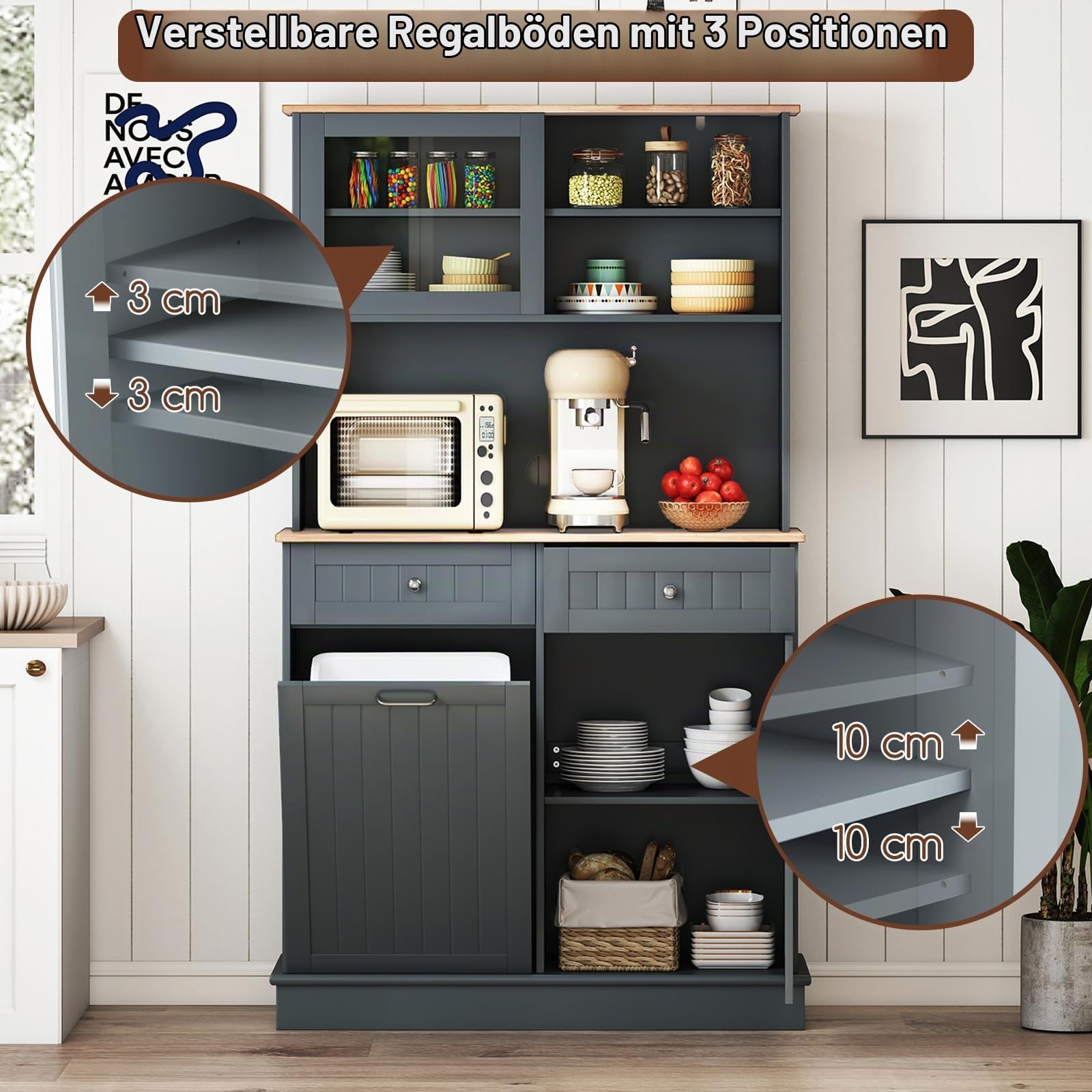 KOMFOTTEU Küchenschrank mit Abfalleimerhalter, Buffetschrank mit Arbeitsplatte aus Gummiholz, Vitrinenschrank Hochschrank mit 2 Schubladen & Schrank, Sideboard mit verstellbaren Regalen (Grau)