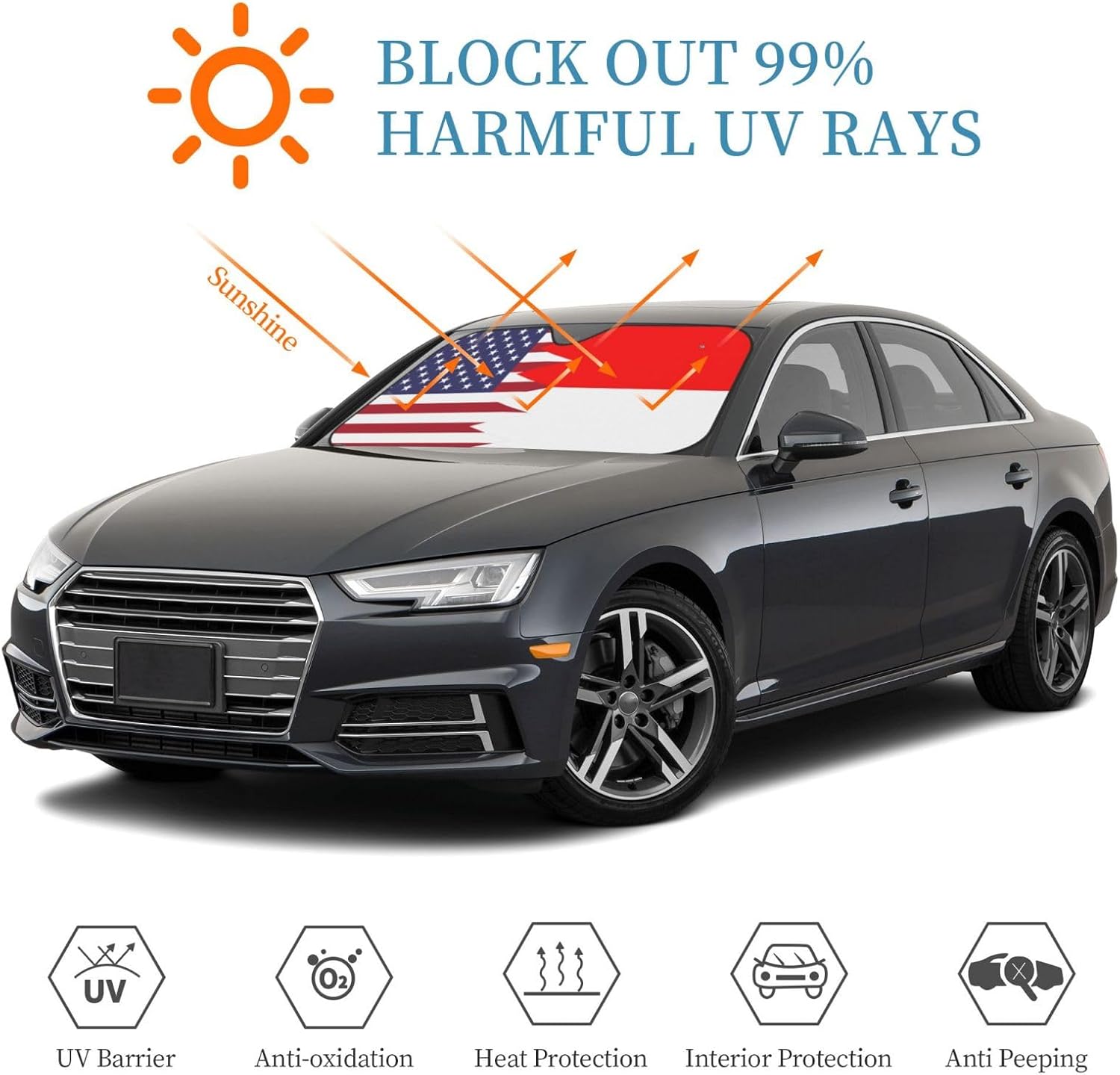 America Indonesia Friendship Flag Foldable Car Windshield Sunshade Blocks Heat and Sun Glare Uv Rays