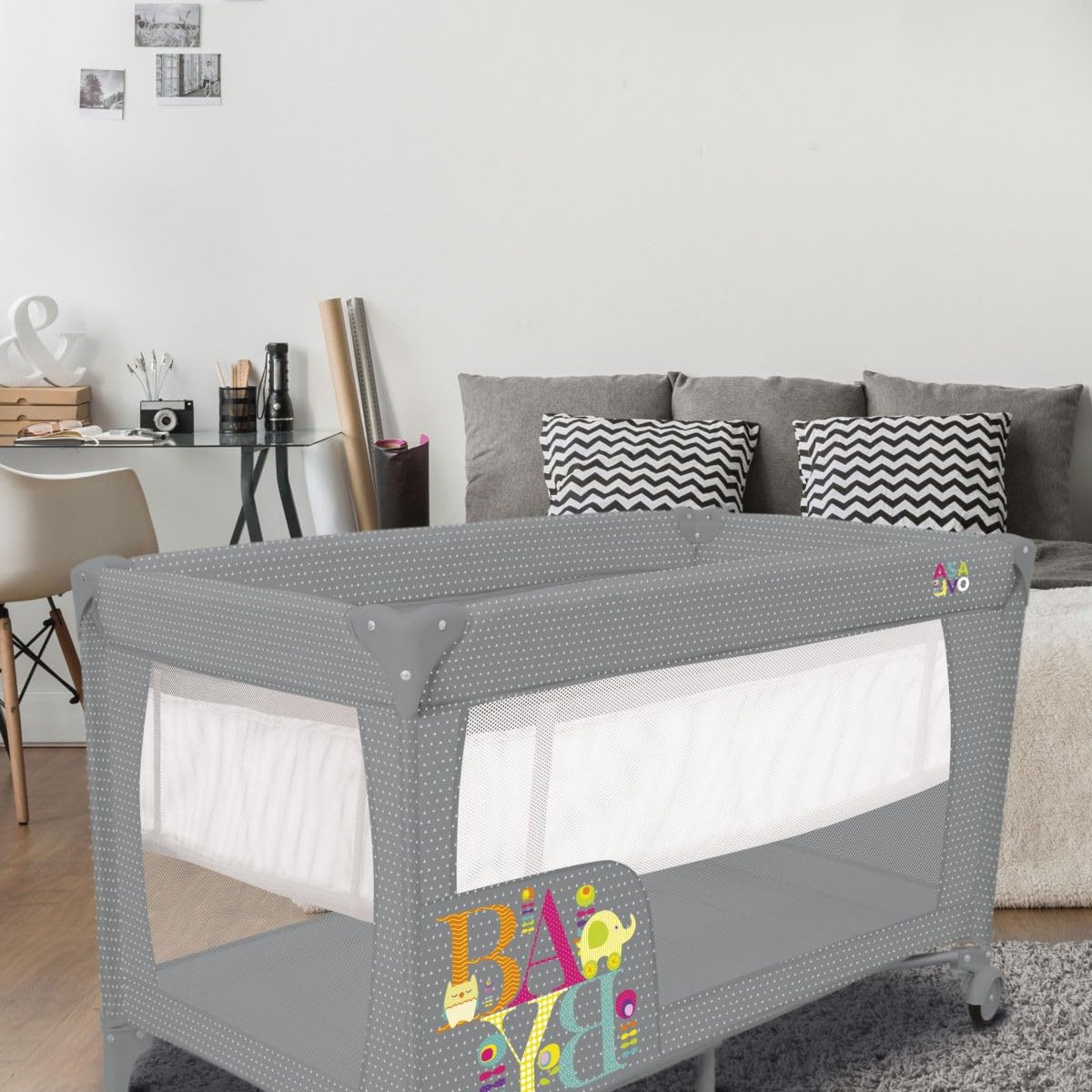 ASALVO Cuna de viaje 120x60 Smooth para bebé y niños de 0 a 15kg /2 EN 1, Cuna y Parque, Plegable en 30 segundos con Altura ajustable, Gris Baby