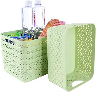 STARVAST 5 Pack Plastic Storage Baskets, Portable Green Fish Scale Pattern Hollow Desktop Storage Bin Box with Handle for Kitchen, Bathroom, Kids Room or Nursery Storage – 9.4 x 7.1 x 4.1 inches