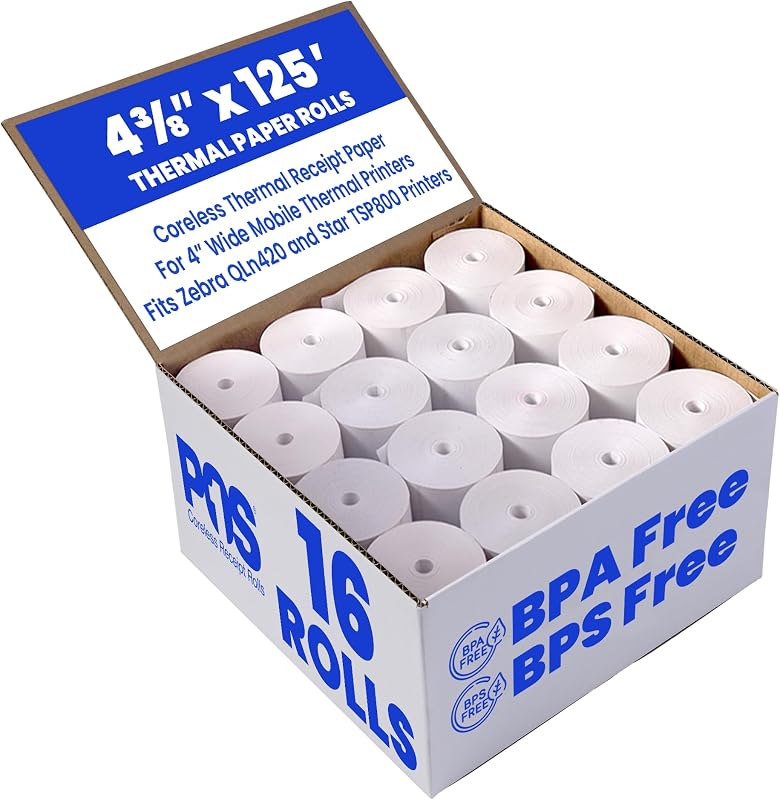 4 3/8 x 125 ft 16 Rolls CORELESS BPA Free BPS Free Thermal Paper Rolls for Zebra QLn420