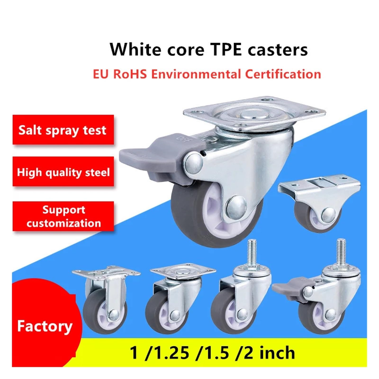 4 Confezione 1" 1.25" 1.5" 2" TPE Mini Vite Universale Ruote per carrelli con Freno Silenzioso Grigio Gomma Mobili Riscorrere Ruote per Mobilità fluida