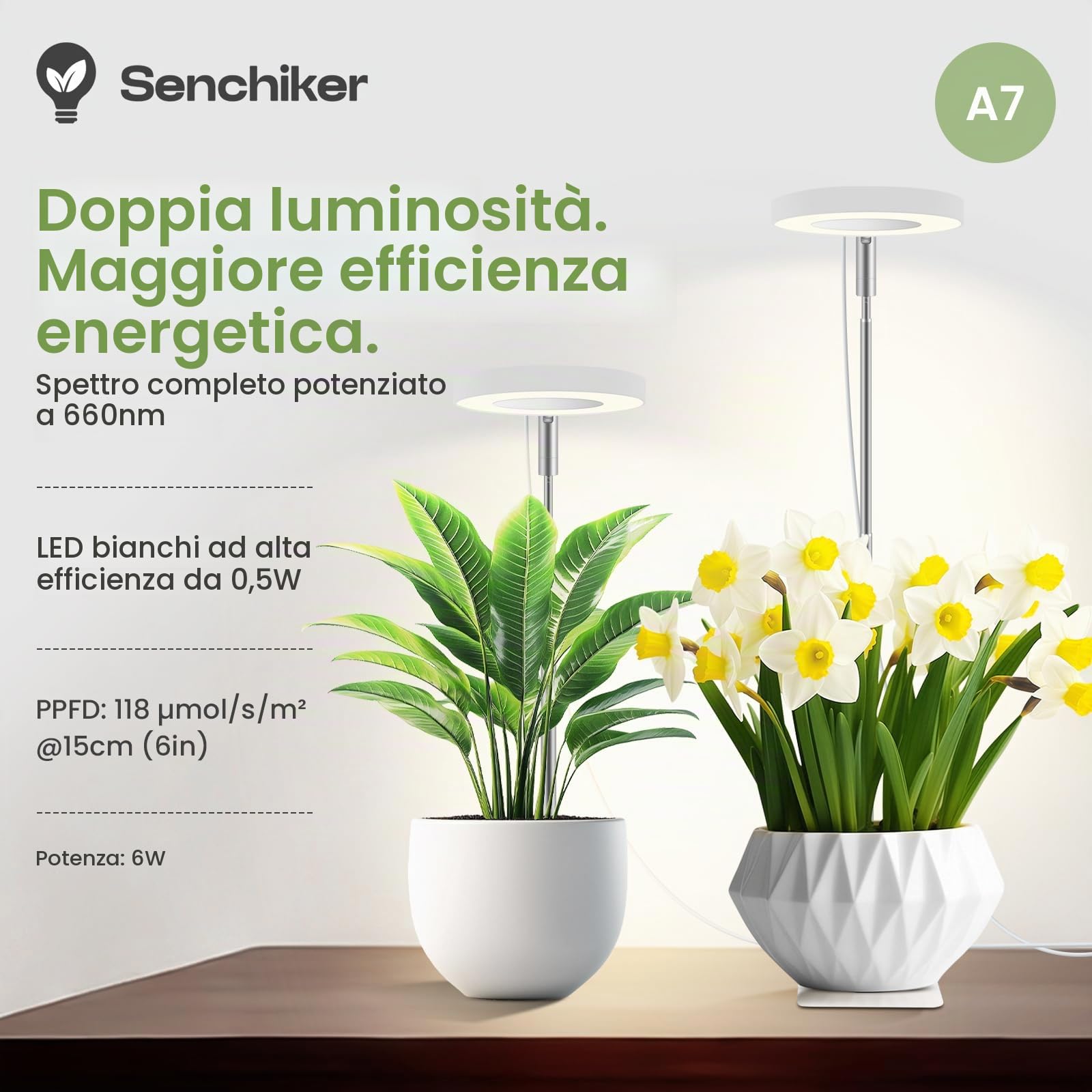 Lampada per piante da interno 12V, lampada crescita LED a spettro completo con luce rossa 660 nm, piccola grow light halo con base sotto vaso, dimmerabile con timer, 6W, PPFD 118 µmol/s/m²@15 cm