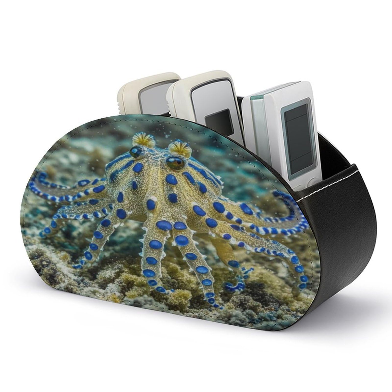 FekiLoot Leather TV Remote Control Holder with 5 Compartments Multifunctional TV Remote Holder Bedside Table Remote Caddy Storage Box Blue Ringed Octopus Remote Organizer for Home Office
